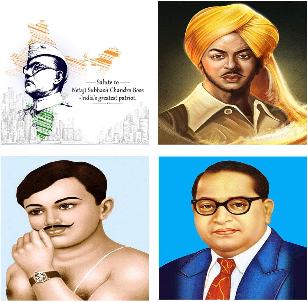 4 Pcs Combo Set Bhimrao Ambedkar Subash Chandra Bose Bhaghat Singh Chandra Shekhar Azad Fredom Fighter Wall Sticker for Home Décor and Office