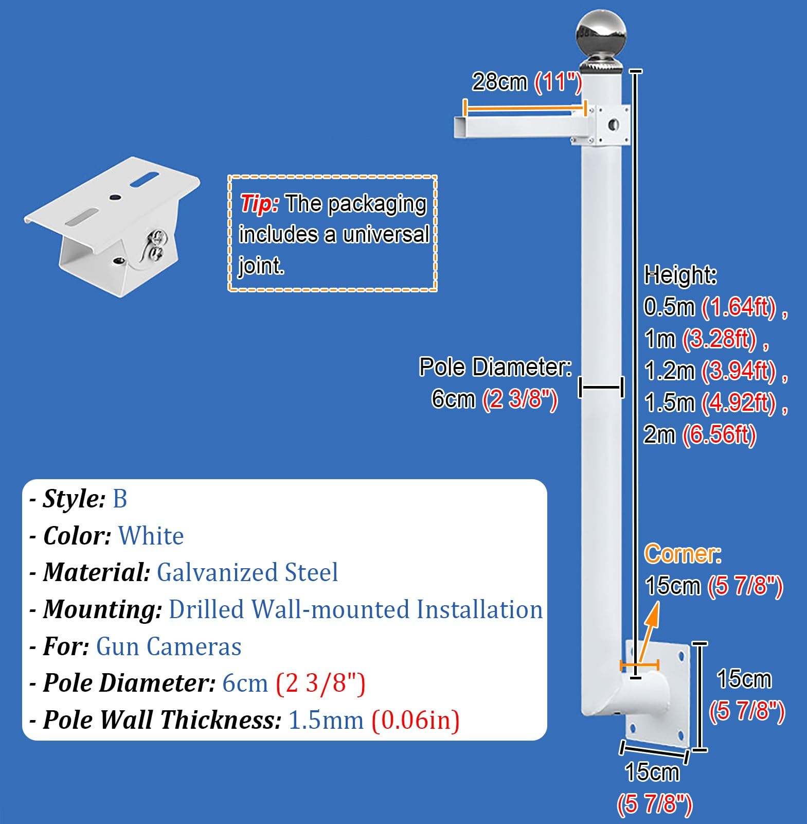 Support mural pour caméra de sécurité, poteau universel pour caméras dôme / pistolet, tige de surveillance à large vue pour abri de jardin