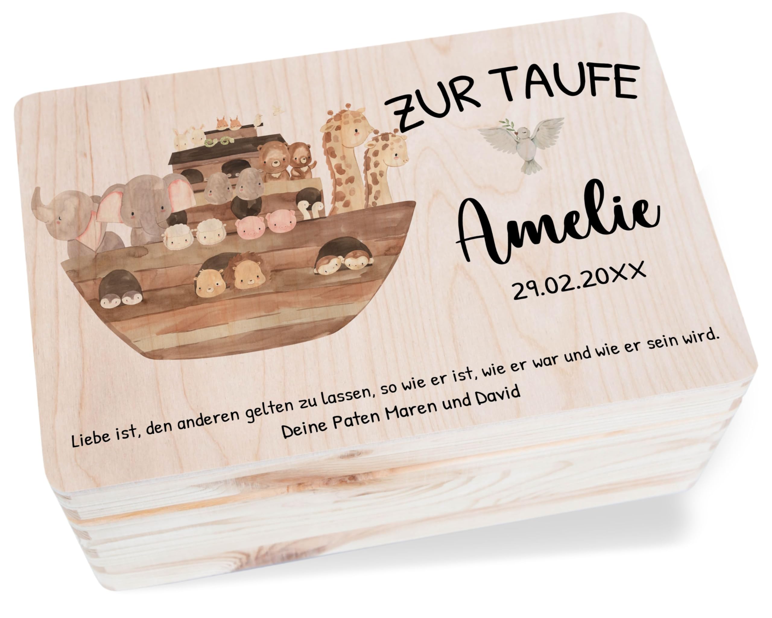 Holz Erinnerungsbox Baby Geschenkbox Baby - Erinnerungskiste zur Taufe mit Spruch Arche Noah | Taufgeschenk Holzkiste - 30 x 20 x 14 - Holz - kiste taufspruch erinnerungsboxen für babys