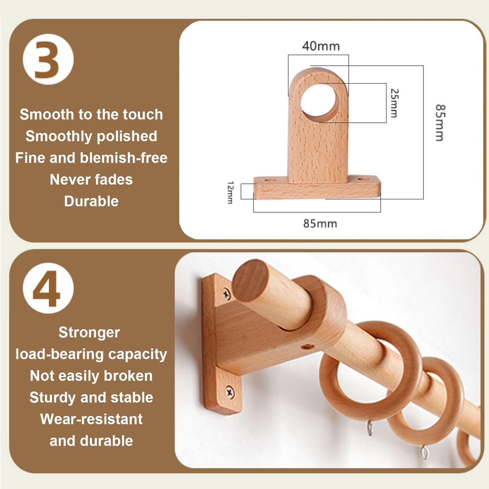 Bastone Tenda Legno Ecologico, Bastoni per Tende Silenzioso, Curtain Rod Duradero in Legno di Faggio, per Soggiorni Camere da Letto Cucine Sale da Pranzo(220 cm (3 Brackets))