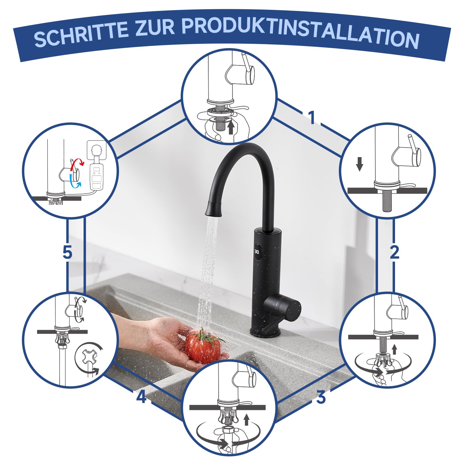 Wasserhahn mit durchlauferhitzer,Schwarz Küchenarmatur Armatur mit integriertem Durchlauferhitzer wasserhahn, 3000W Temperaturanzeige elektrischer wasserhahn, Wasserhahn küche 360° schwenkbar