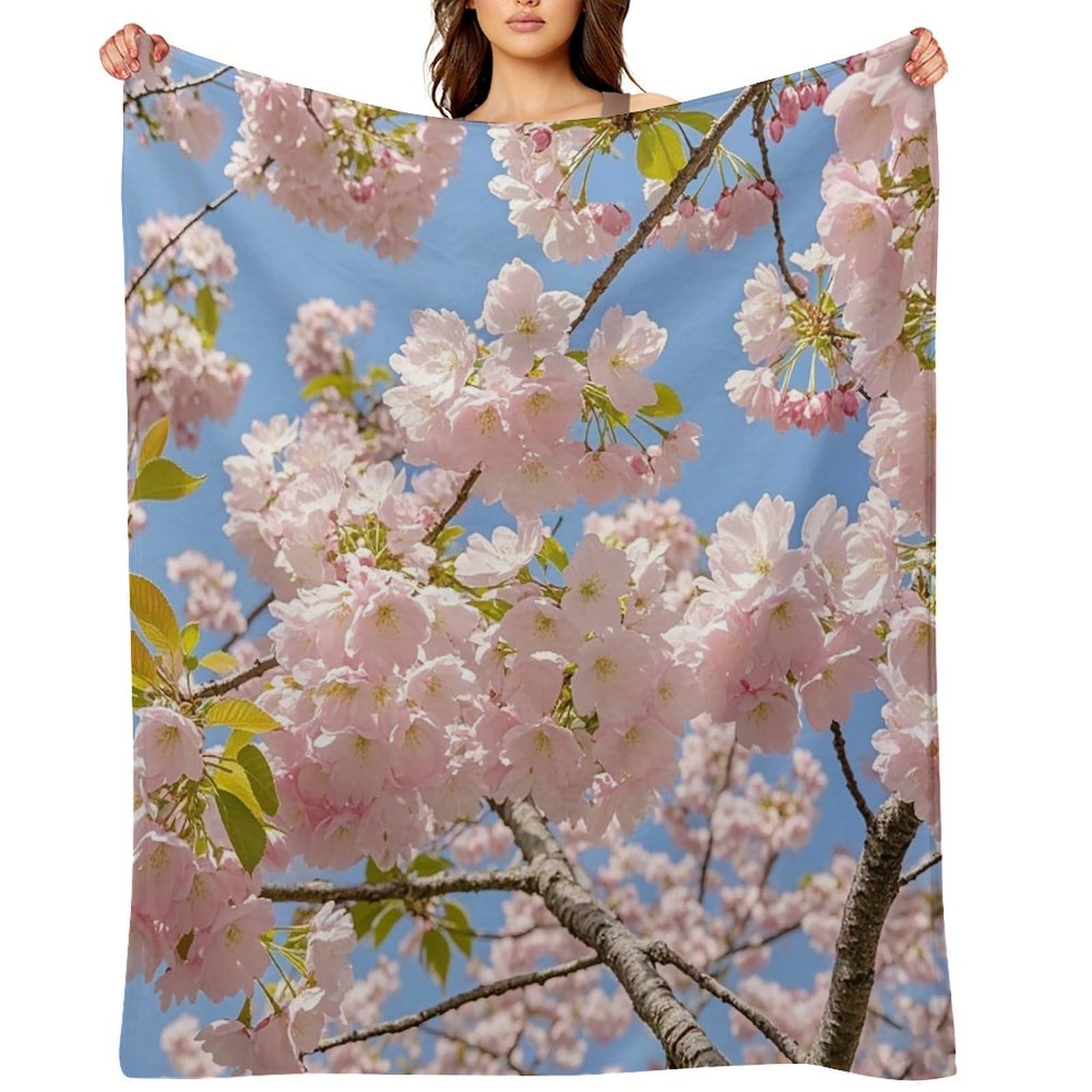 Flannel Cherry Blossom Throw Blanket for Couch Super Soft Fuzzy Cozy Flannel Blankets No Shed No Pilling FAnti-Static Winter Bed Blanket Decorative and Giftable Blankets