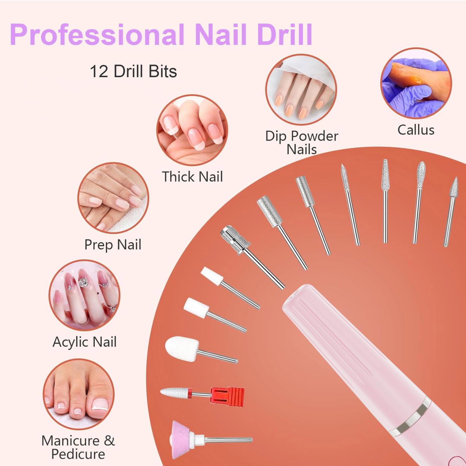 Professionelles Nagelbohrer-Set: Wiederaufladbare elektrische Nagelfeile für Acryl-Nagelfeile, kabellose elektrische Nagelfeile für Anfänger und Profis, Maniküre- und Pediküre-Set