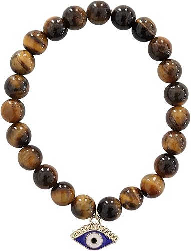 Brown Natural Tiger Eye Evil Eye Protection Prosperity Solar Plexus Chakra Healing Crystal Charm Beaded Stretch Gemstone Bracelet