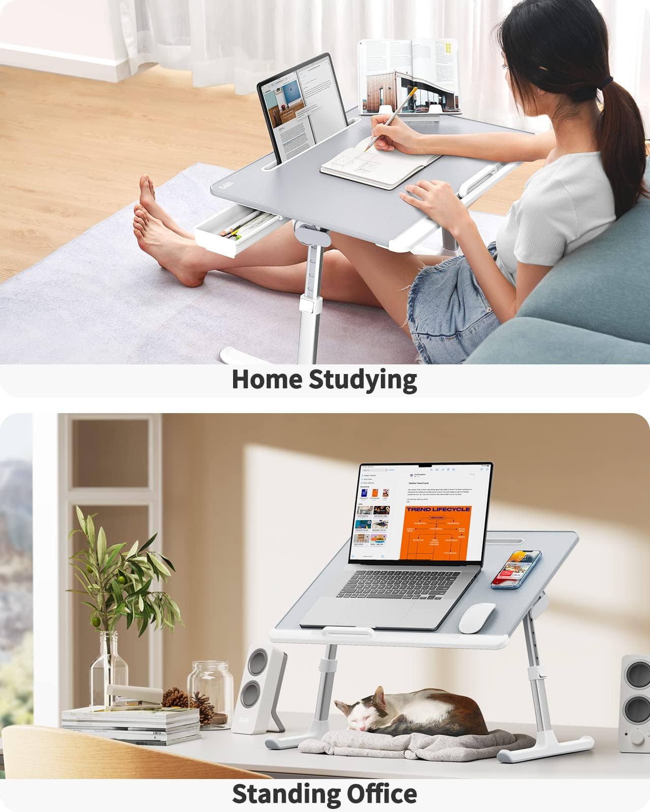 Laptop Tisch, SAIJI groß Desktop, Multifunktion Bett Tisch, Höhen Winkel verstellbar, mit Buchständer, Schublade, Lap Stopper, Tablet Schlitz, Bett Fußboden (Grau, 60 * 45cm)