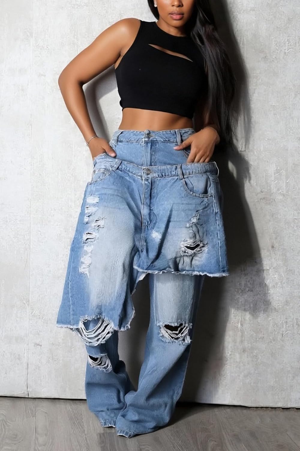 Vakkest Women's High Waisted Jeans Baggy Ripped Irregular Patchwork Denim Pants Straight Wide Leg Trousers Streetwear - Image 5