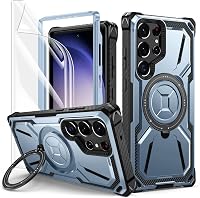 Lanhiem Galaxy S23 Ultra 360 fokos gyűrűs állványos ütésálló tok 1 db védőfóliával kék, Samsung S23 Ultra 5G-hez 1