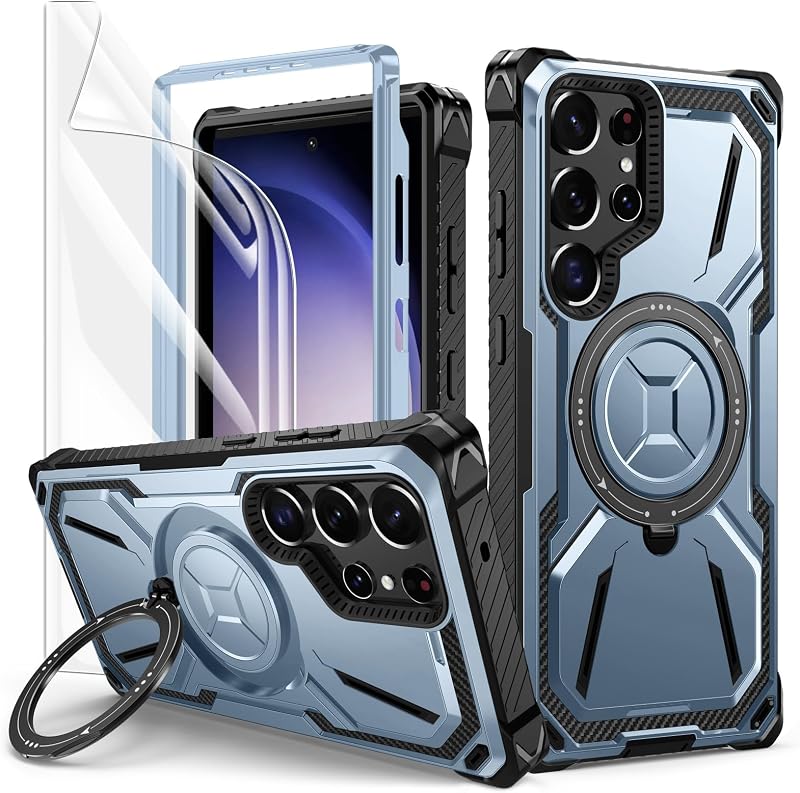 Lanhiem Galaxy S23 Ultra 360 fokos gyűrűs állványos ütésálló tok 1 db védőfóliával kék, Samsung S23 Ultra 5G-hez