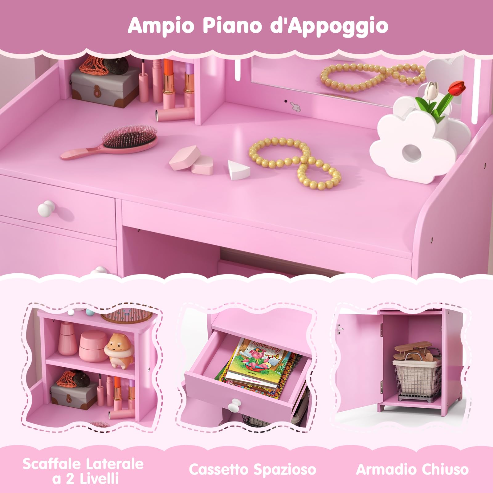 RELAX4LIFE Toeletta Trucco per Bambina con Luci LED, 2 Colori, Specchiera Trucco con Sgabello, Mensole e Cassetto, Toeletta in Legno, per Bambini 3+ Anni (Rosa, L)