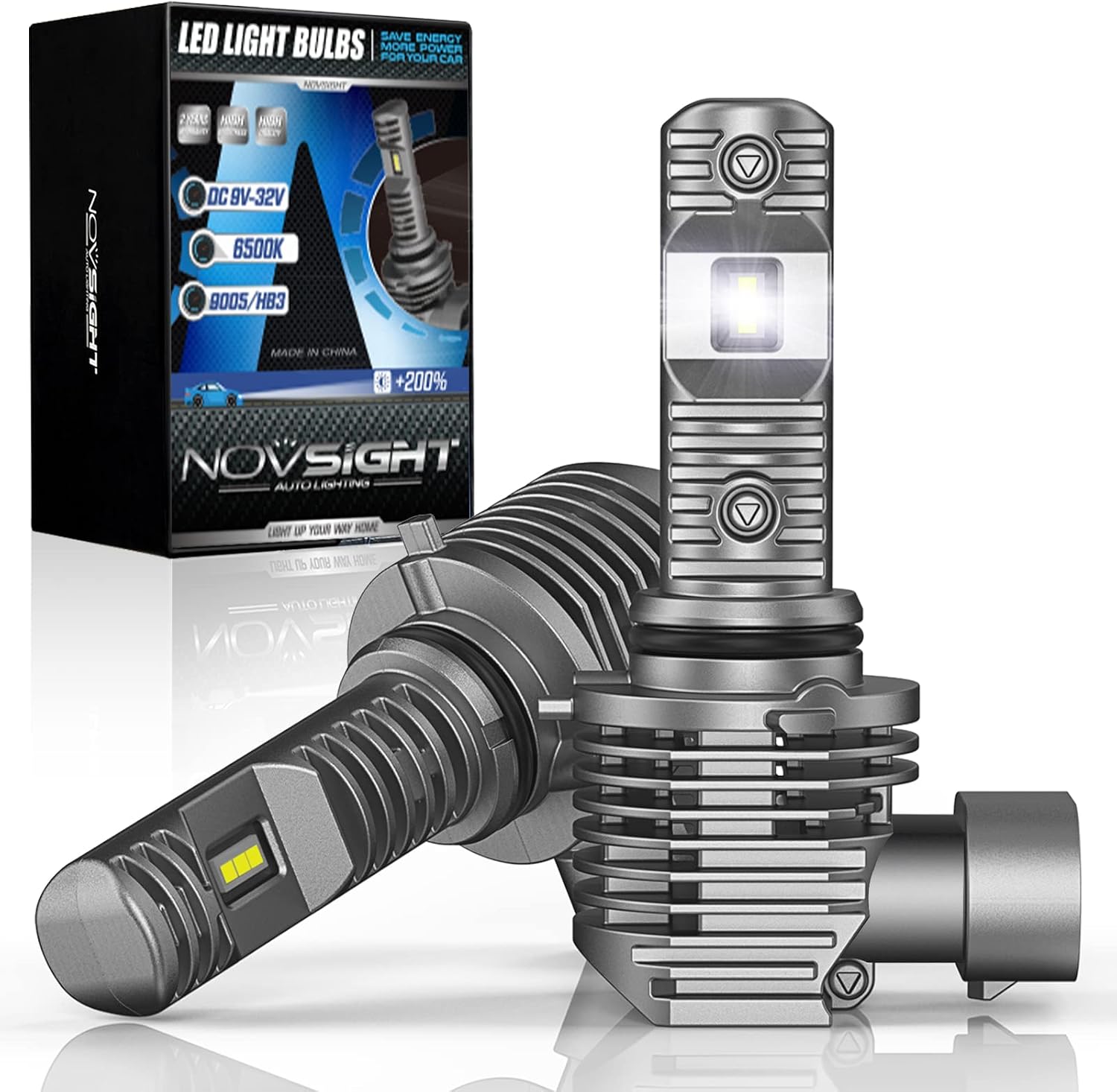 NOVSIGHT 9005 HB3 LED Headlight Bulbs, 40W 10000LM All-In-One LED High Beam Headlights Conversion Kit Fast Installation, Fanless Halogen Replacement, 6500K Bright White, Pack of 2