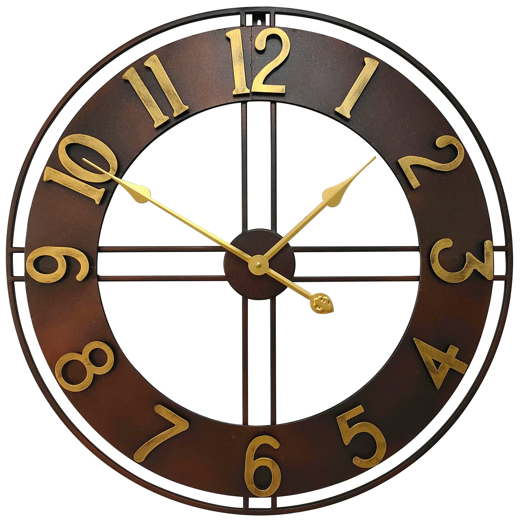 24 Inch Farmhouse Decor Wall Clock Industrial Large Decorative Metal Clock Home Hanging Decor for Living Room, Loft, Kitchen (Gold)