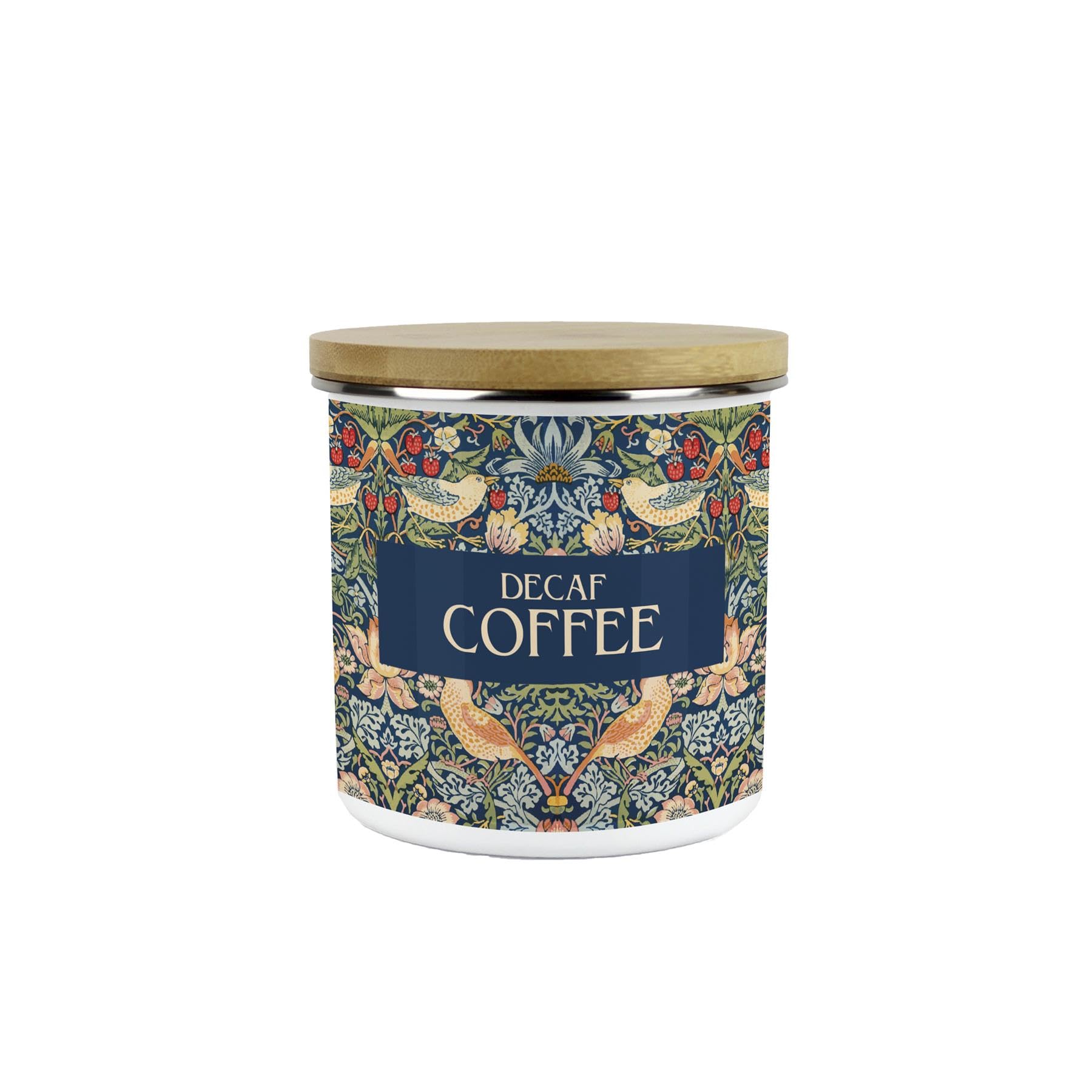 Purely Home Blue Strawberry Thief Decaf Coffee Storage Canister - Morris Inspired Tapestry Artwork Homeware Gifts - Medium Sized Metal Enamel Kitchen Food/Drinks Storage Container 600ml