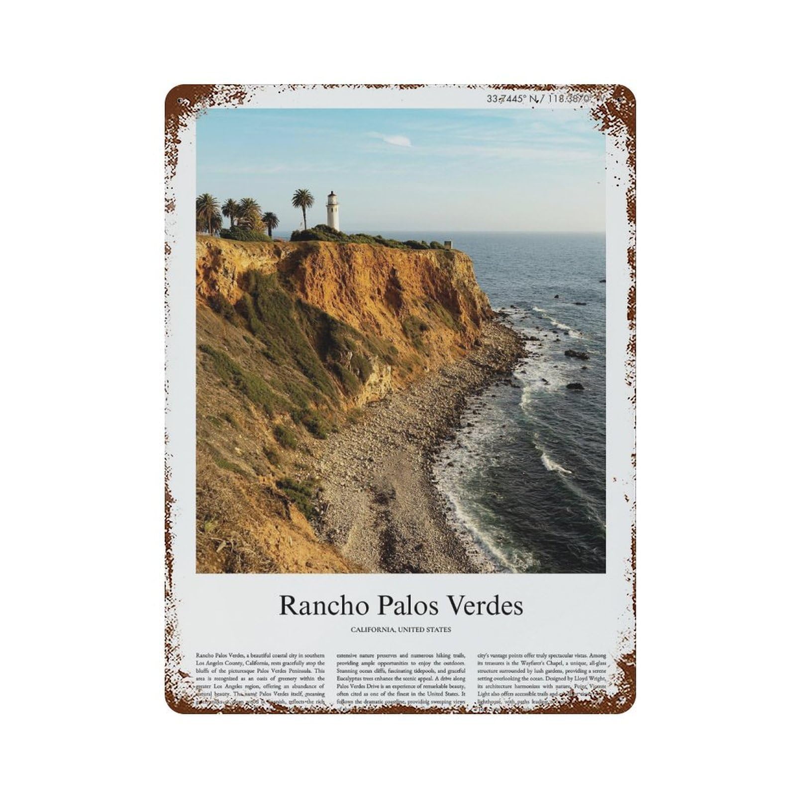 xiaoxiaoshen Rancho Palos Verdes California, United States, USA City Scenery Wall Decor Art Metal Tin Poster Modern Home Decor Art Home Bar Shop Decorations Vintage Sign 40x30cm