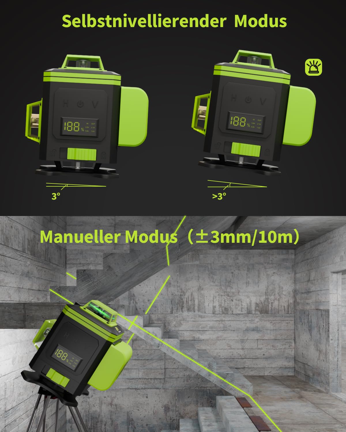 Cross Line Laser, niveau à bulle laser vert auto-nivelant 4x360 degrés avec affichage numérique, laser rotatif avec batterie au lithium 2 * 2400mAh, laser de construction laser linéaire