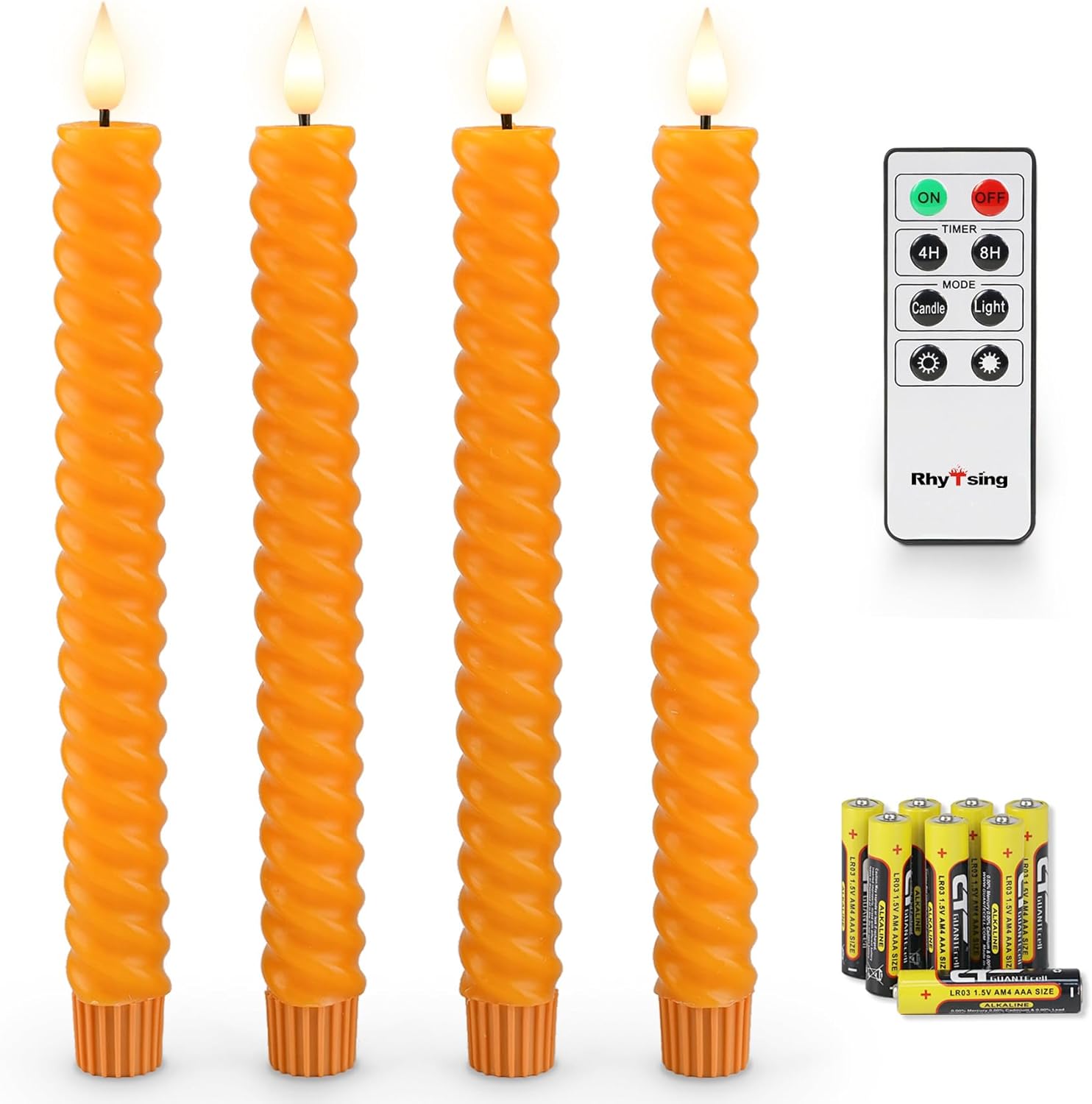 Rhytsing 10" Orange Flameless Twisted Taper Candles with Timer, Battery Operated Spiral Led Candlesticks for Fall and Halloween, Remote & Batteries Included - Set of 4 Orange Taper Candles