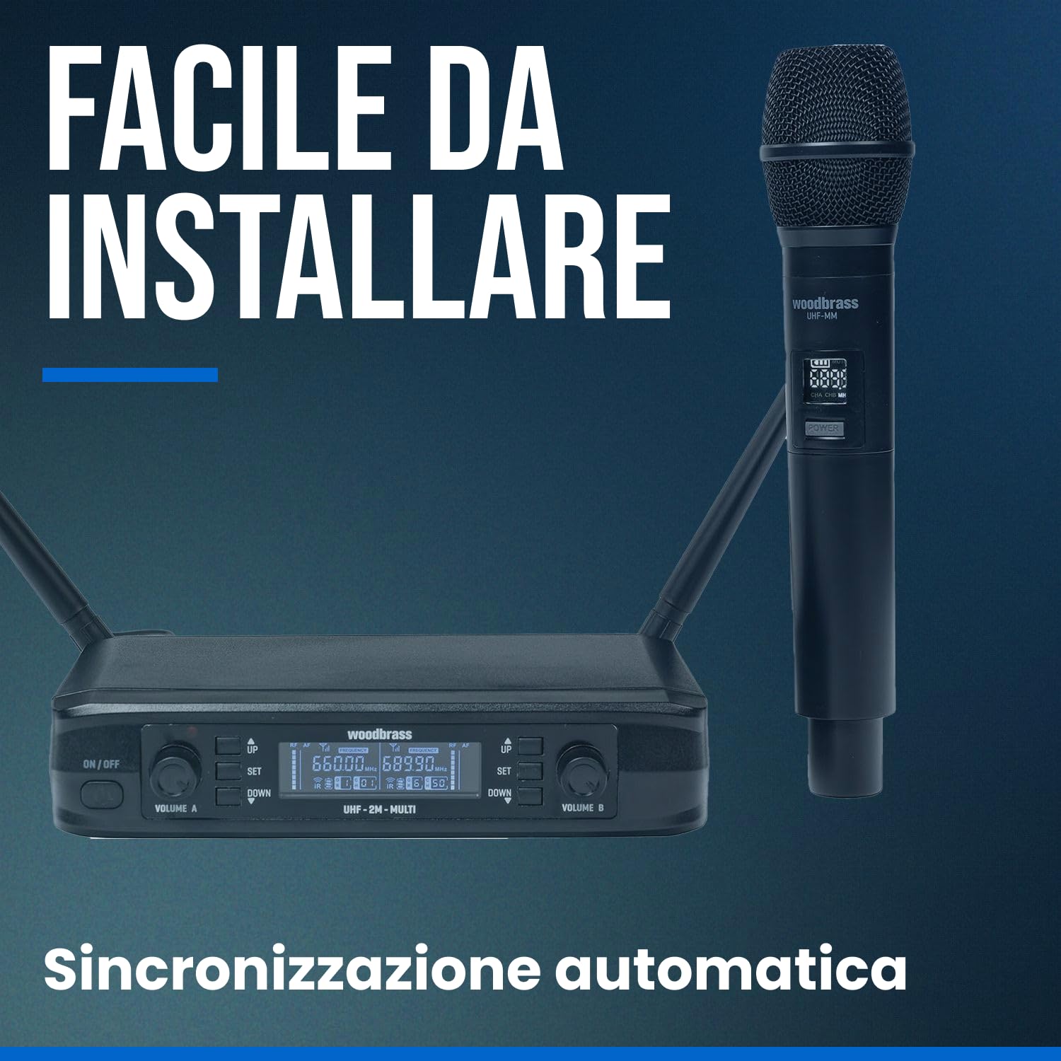WOODBRASS Microfono senza fili sistema 2 x micro UHF multi frequenza, portatile microfono a mano per karaoke, professionisti, dj, animazione, matrimonio, conferenza (UHF-2M-MULTI)