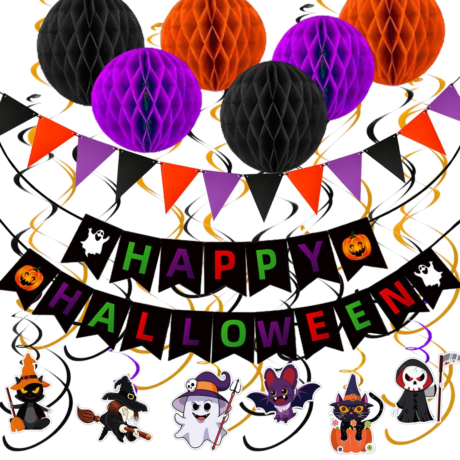 Extraible Halloween Happy Banner Set, Reusable Party Decoration, Trick Or Treat Banner, Circle Confetti Garland, Honeycomb Balls, Hanging Swirl Streamers Decorations For Indoor Outdoor