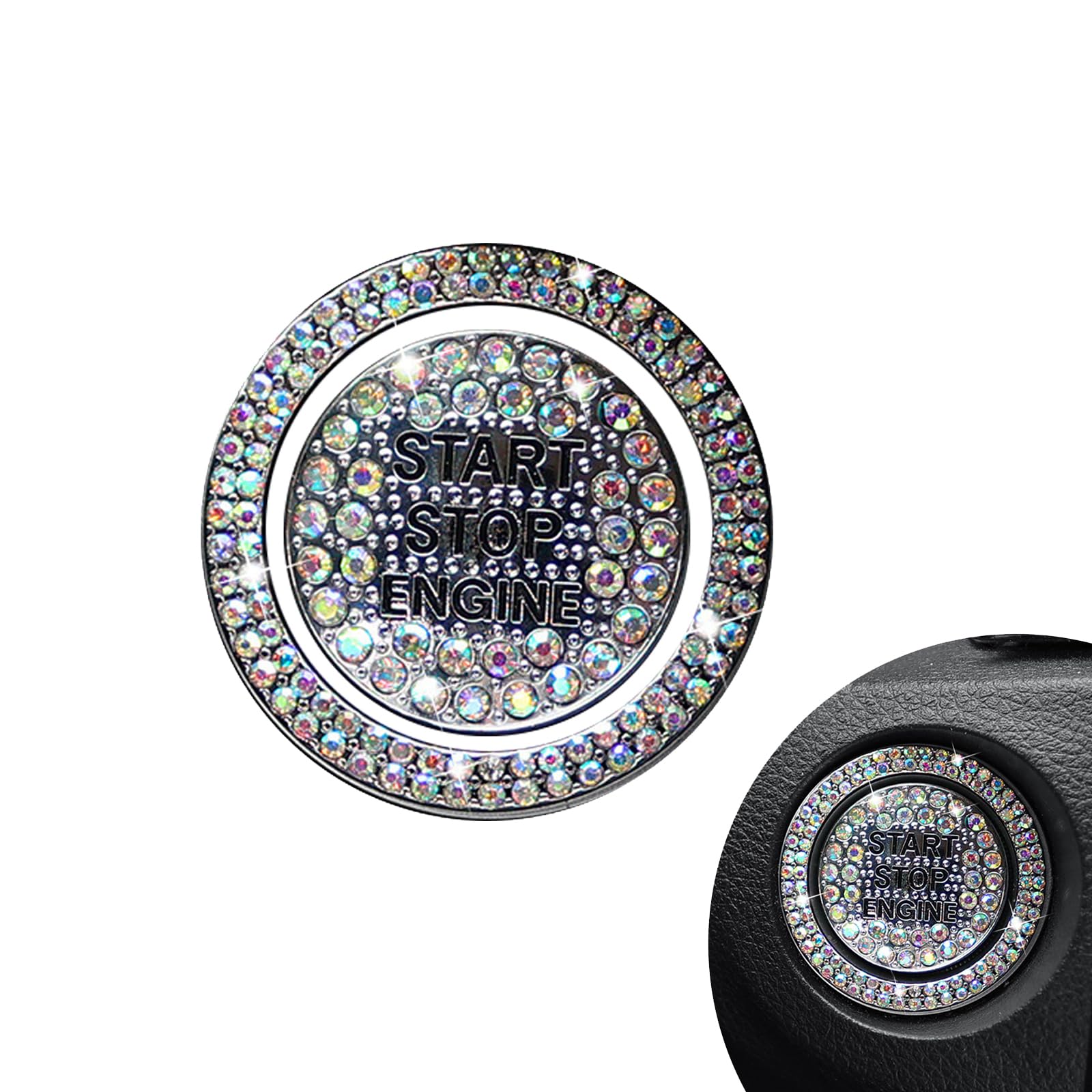 2 PCS Bling Car One-Button Start Button Outer Ring Sticker, Sparkling Rhinestones Fully Protect Button Decorative Cover, Self-Adhesive Anti-Scratch Accessory, for Most Models (Multicolored)