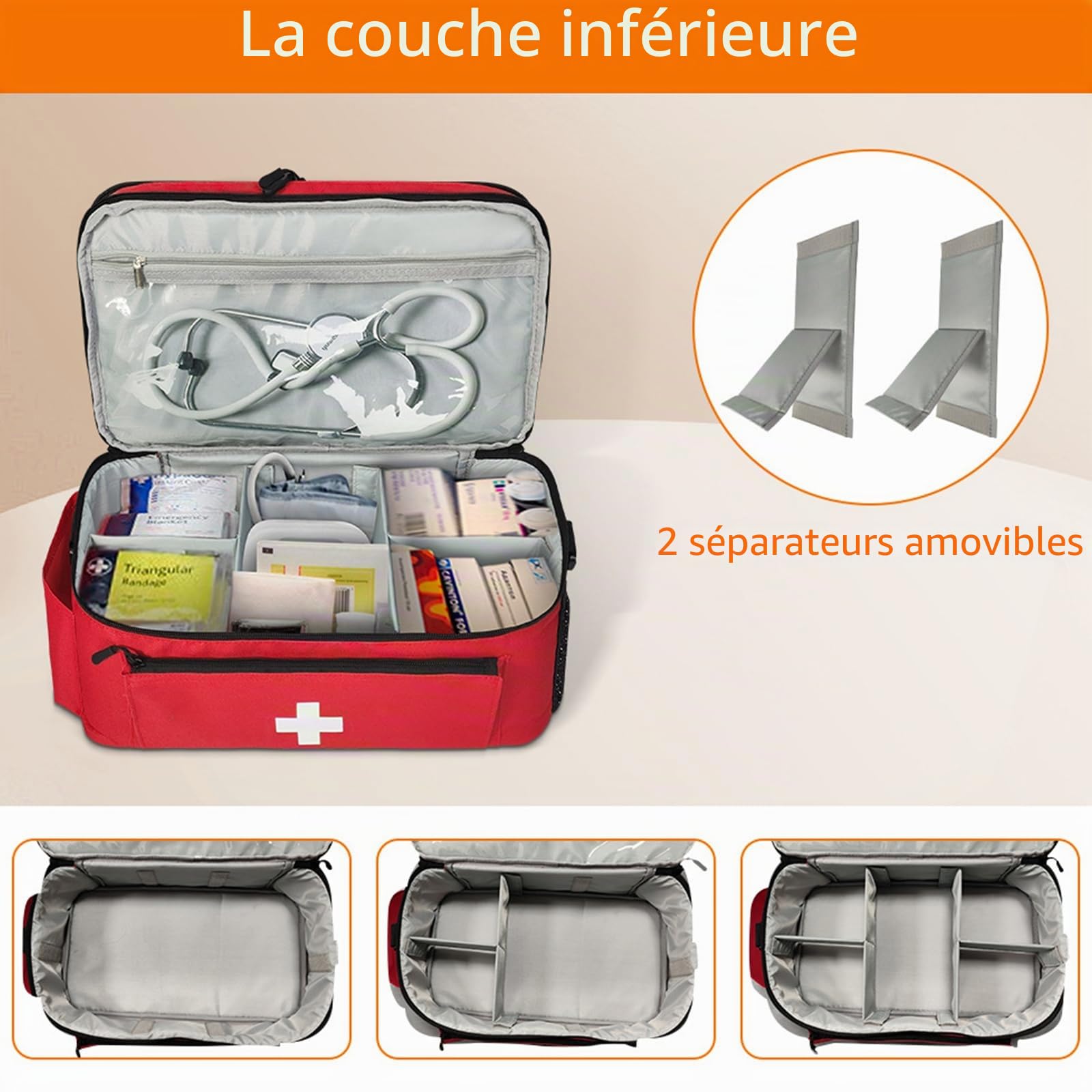 Sac médical portable étanche et résistant à l'usure avec bandoulière amovible, sac de premiers secours vide pour la maison, les voyages, les urgences, rouge (18 x 23 x 40 cm), rouge