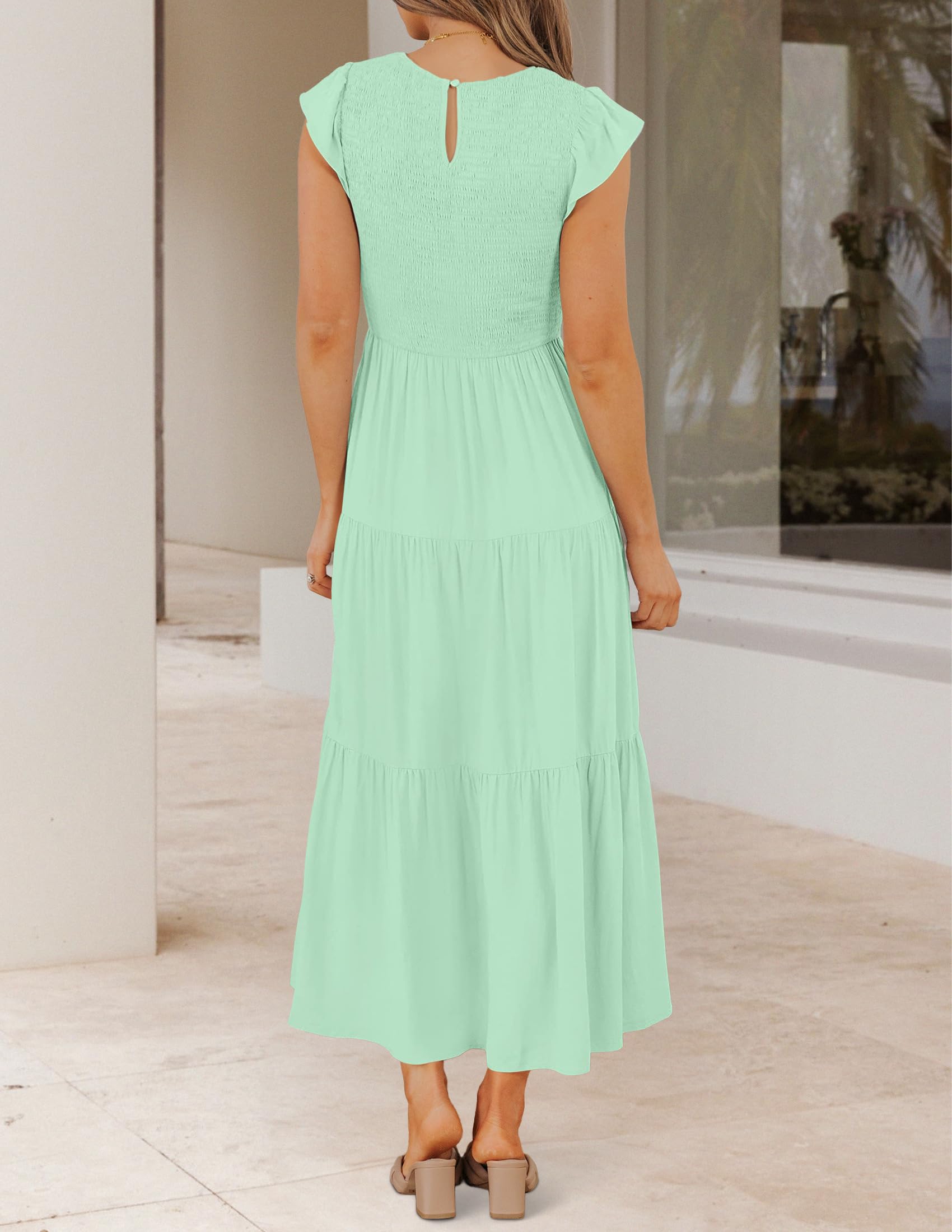 ZESICA - Vestido de Manga Corta con Volantes y Manga Corta para Mujer, Cuello Redondo, Fruncido, Cintura elástica, Verano