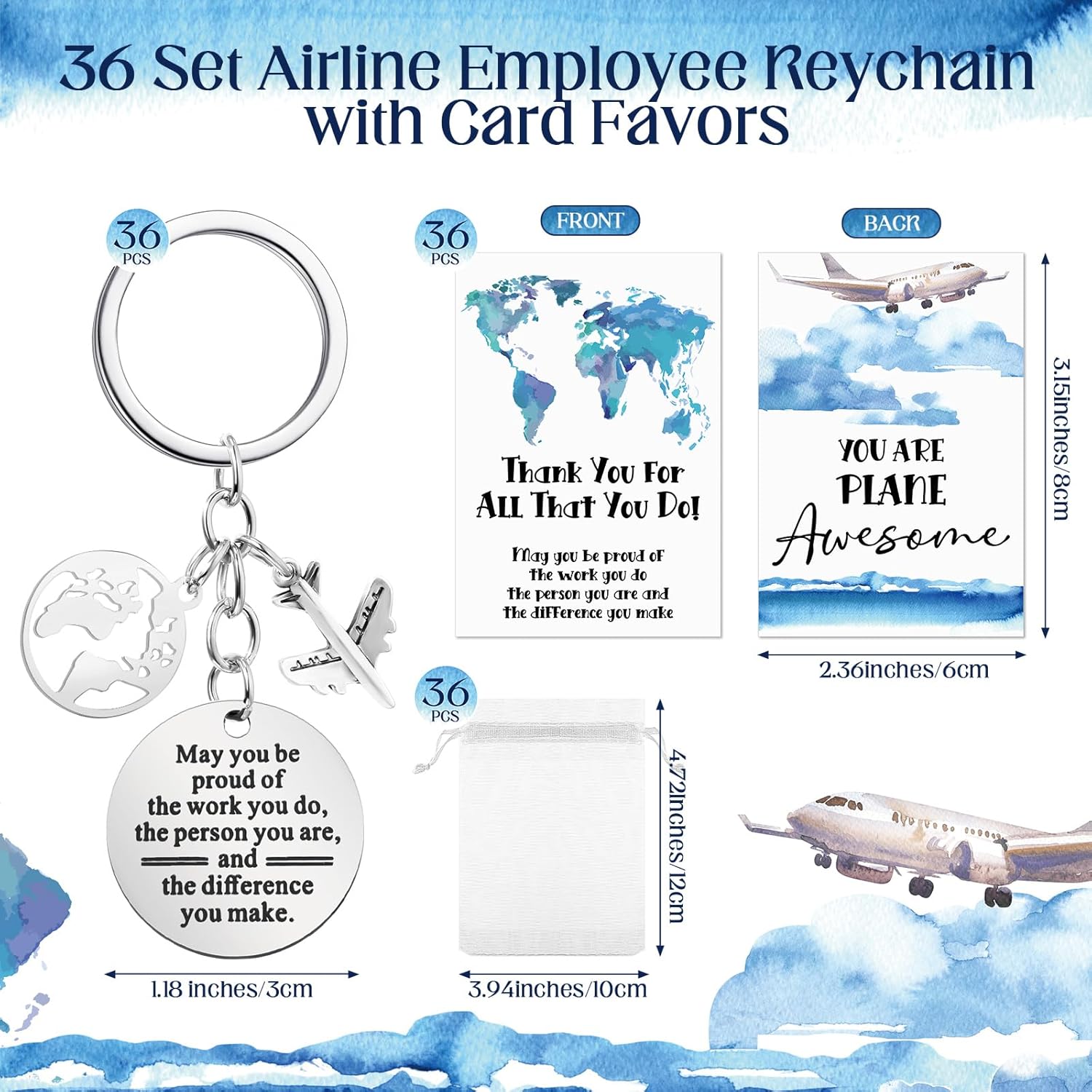 Tondiamo 36 Set Flight Attendant Gifts Bulk Airplane Keychain with Thank You Cards Organza Bags for Travel Adventure Party Favor Holiday Gift