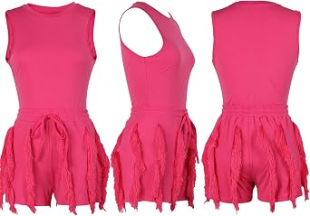 Women Casual Fringe Two Piece Outfits Tassel Short Pants Set Sleeveless Tank Tops Bodysuit Party Clubwears