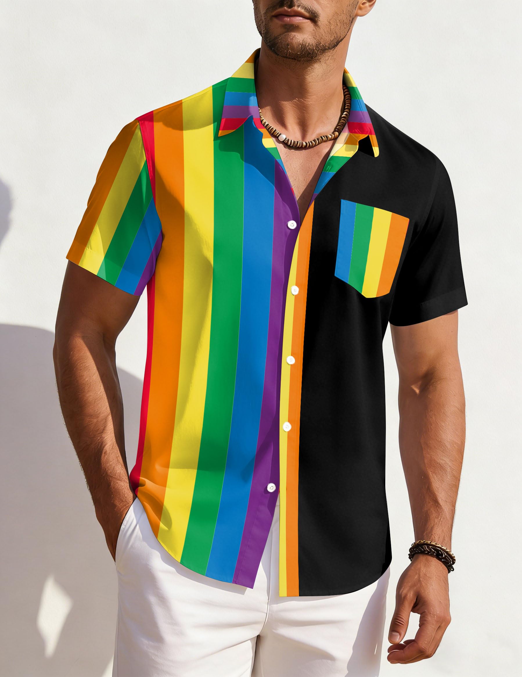 VVNTY Pride, camicia da uomo LGBTQ arcobaleno con bottoni, estiva, gay, LGBT, a maniche corte