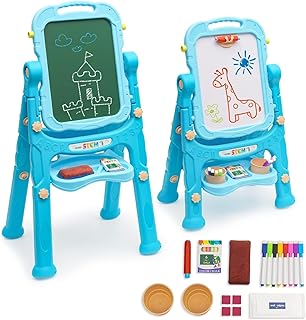 Art Easel for Kids, 3 in 1 Double Sided Kids Easel with Whiteboard & Chalkboard, Height Adjustable Rotatable Toddler Art Easel with Painting Accessories for Boys and Girls