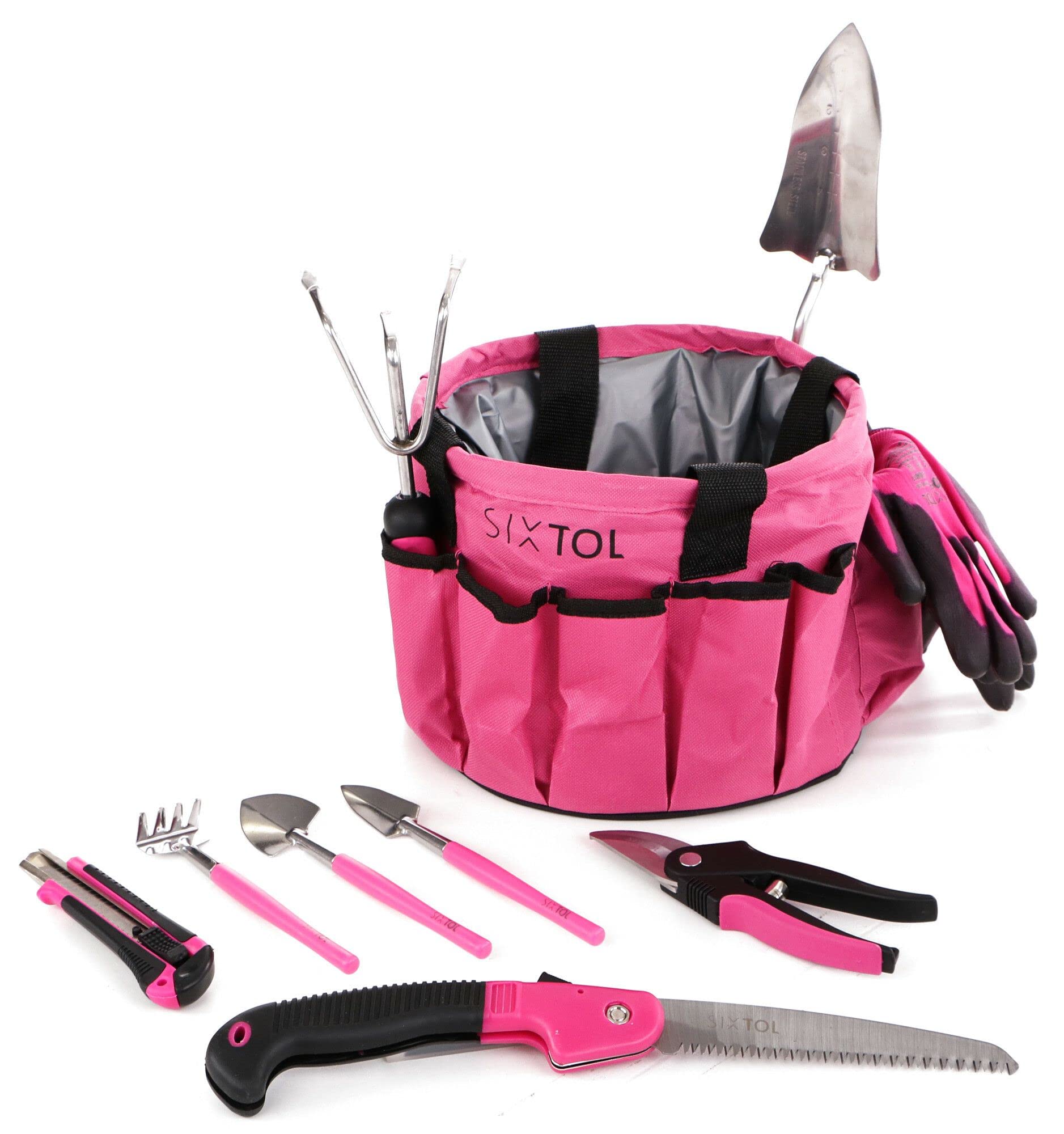 Garden PINK - Set di 10 attrezzi da giardino, 10 pezzi, accessori da giardino in acciaio inox, pratica borsa da giardino come regalo per donne, per giardinieri e donne