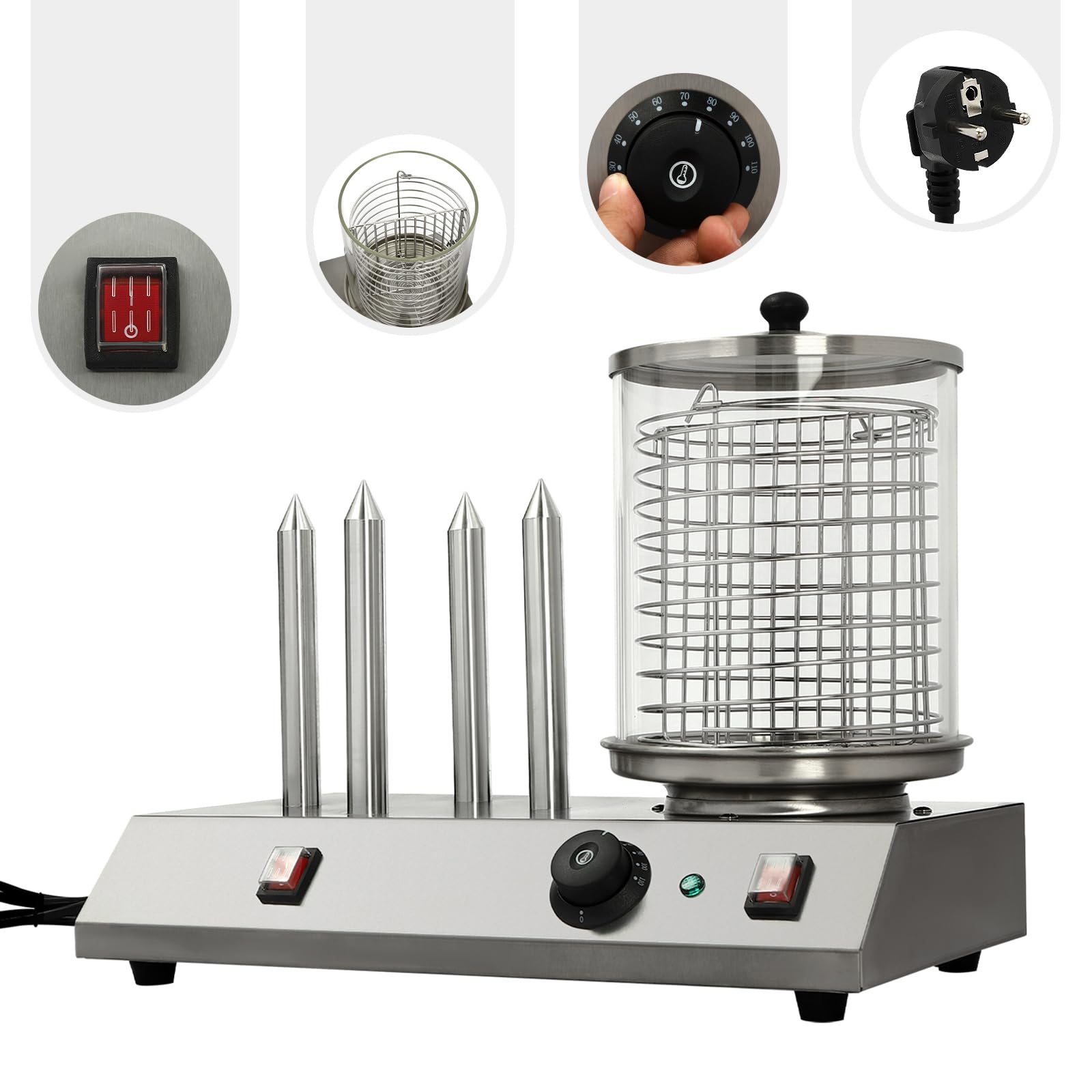 Machine à Hot-Dog Appareil Chauffage Rapide Isolant Brochettes Acier Inoxydable ContrôLe TempéRature Saucisses Professionnelle Automatique Commercial Fonctionnement Simple Polyvalent