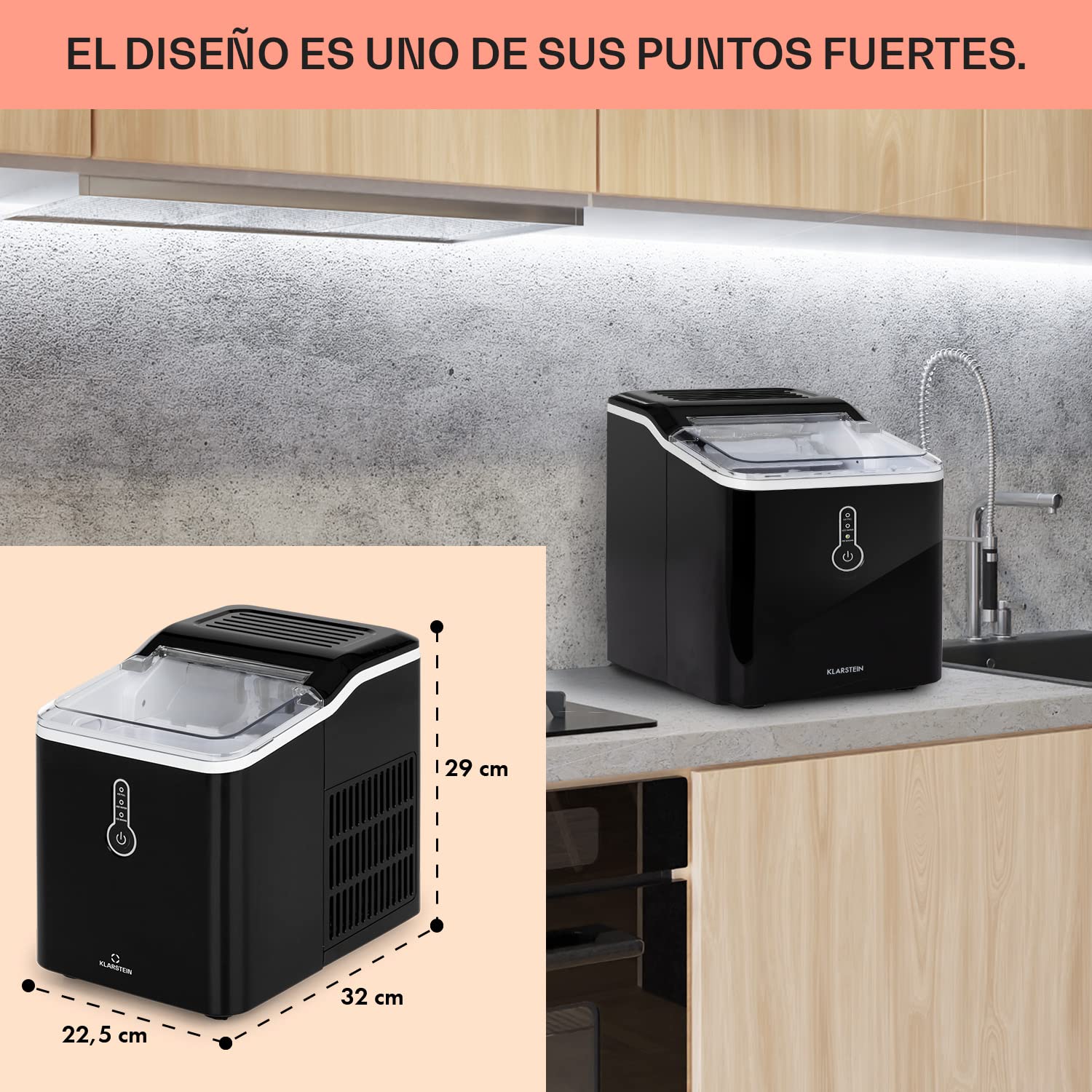 Klarstein Maquina de Hielo para Casa 1,5L, Ice Maker Encimera 12 kg, Maquina para Hacer Cubitos de Hielo Grandes Doméstica para Casa con Panel Táctil y Sistema Fácil Limpieza, Función Rápida