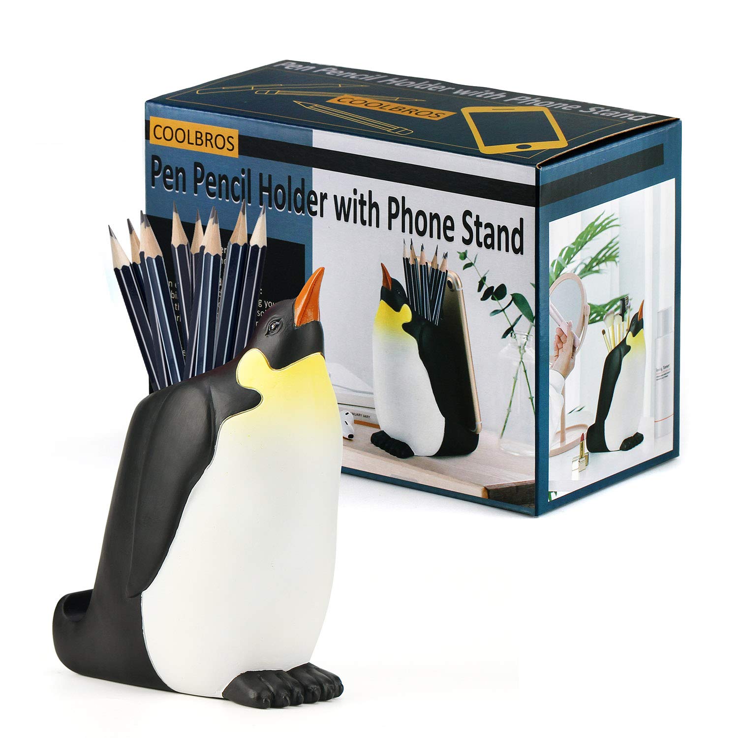 Coolbros Stiftehalter mit Handy-Ständer, Kunstharzförmiger Stiftebehälter, Schnitzerei, Bürste, Scherenhalter, Schreibtisch-Organizer (Pinguin)