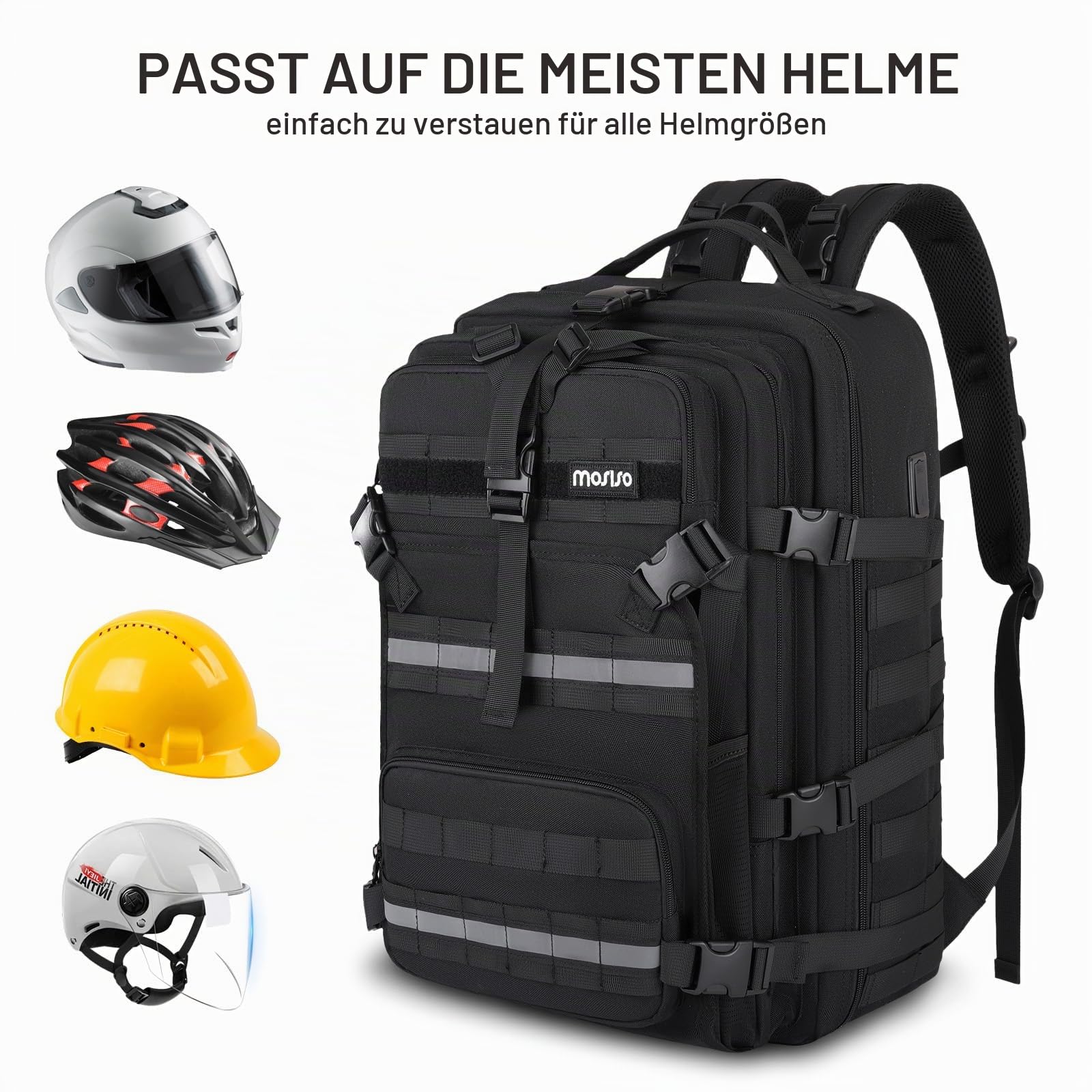 MOSISO Motorrad Rucksack Grosse Kapazität, Helmrucksack Anti-Diebstahl, Reflektierend, Helm Rucksack Laptopfach Mit USB-Ladeanschluss, Motorrad Rucksäcke Für Wandern Reisen Outdoor Arbei, Schwarz | Motorrad-Rucksäcke mit USB-Ladeanschluss und Laptopfach,