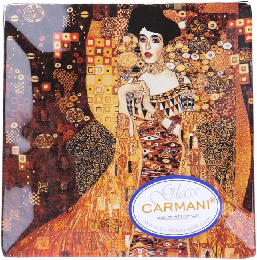 Carmani 5"x5" Glass Plate, Refined Art Nouveau Decorative Plate 'Adela' by Gustav Klimt EA