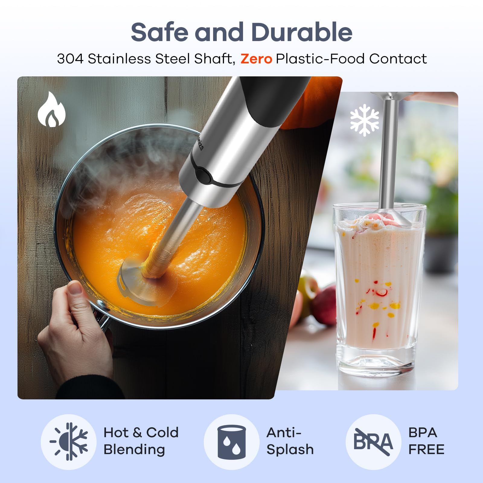 Ganiza Frullatore a immersione 5 in 1, frullatore elettrico 1200 W con velocità regolabile e funzione TURBO, piede frullatore con doppio schiumatore di latte, ideale per salse, zuppe, frullati e