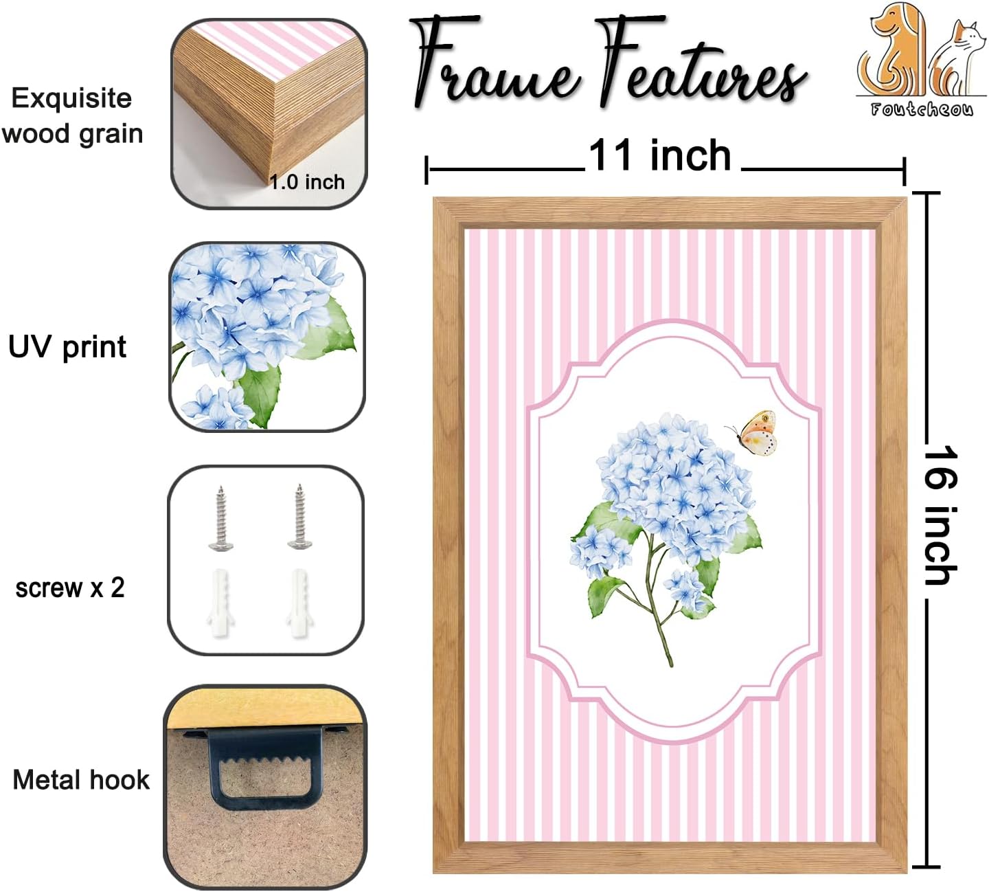 Foutcheou Hydrangea Wall Art 16x11 Inch Pink and Blue Watercolor Floral Botanical Prints Flower Wall Decor Home Watercolor Set of 3 Decorative Nature for Living Room Bedroom Office （Wood）