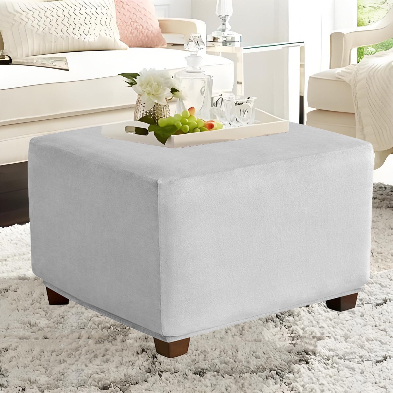 Velluto Elasticizzato Copri Pouf Rettangolare-grigio chiaro-110×110cm | Copripouf Poggiapiedi Morbido con Fondo Elastico Antiscivolo, Fodera per Ottomano Lavabile per Salotto