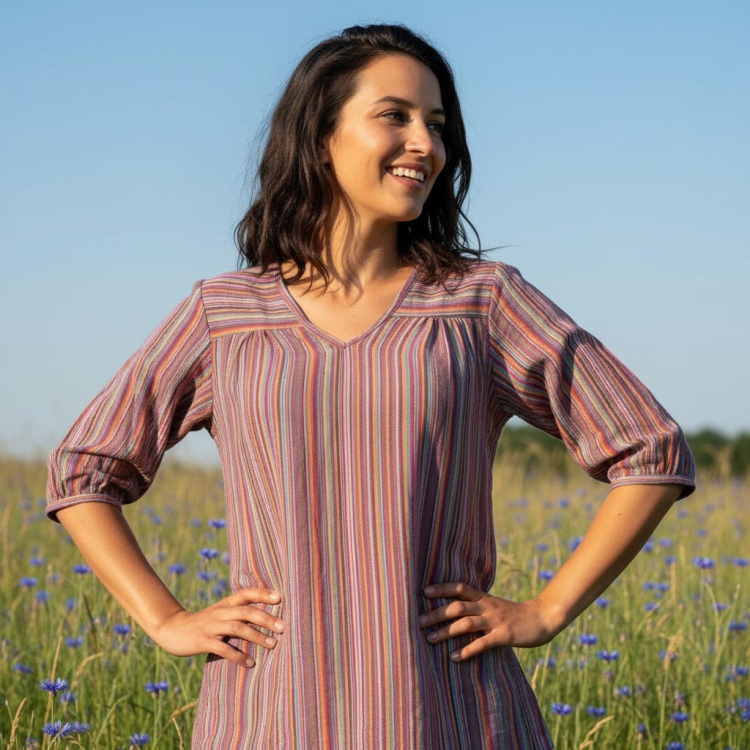 GURU SHOP Blusa ligera de algodón con cuello en V a rayas para mujer