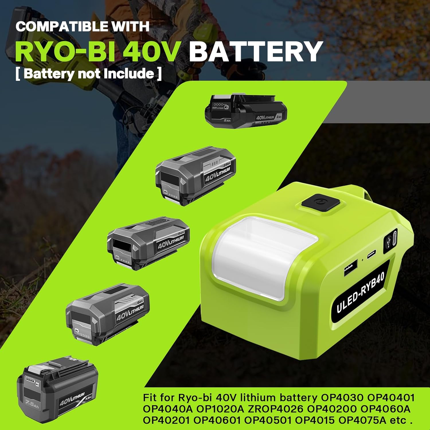 USB Charger Adapter for Ryobi 40V Battery, 5W LED Work Light, Type‑C PD 30W USB‑A QC3.0 Fast Charging, Portable Outdoor Power Adapter