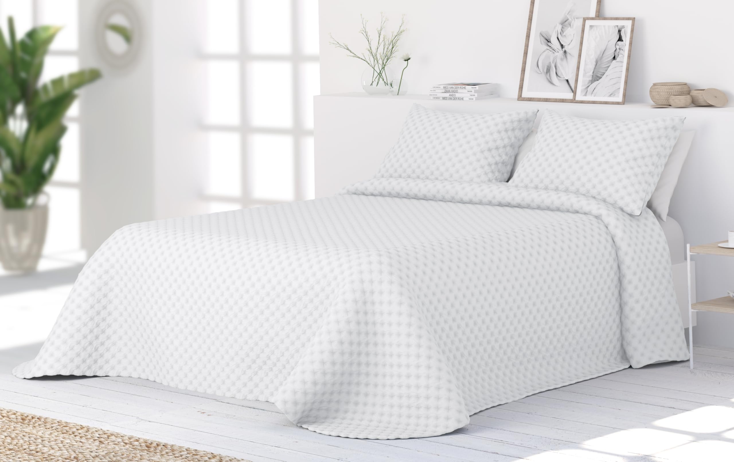 Liniva Home Colcha Bouti Lavada Termoselladapara Verano y Entretiempo. 100% Microfibra Tacto Extra Suave - Modelo Santorini - Incluye Dos Fundas de Cojín. (Santorini - Blanco, Cama 180cm)