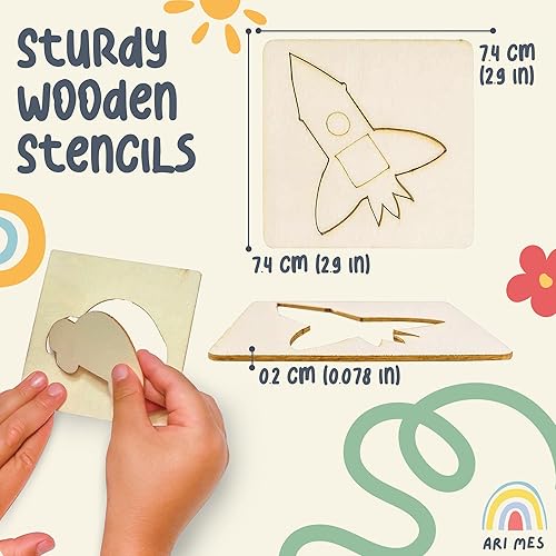 Miniatura 4 de ARI MES Juego de plantillas de arte de madera para pintura y dibujo, kit de plantillas de 50 piezas para niños pequeños con animales y formas,