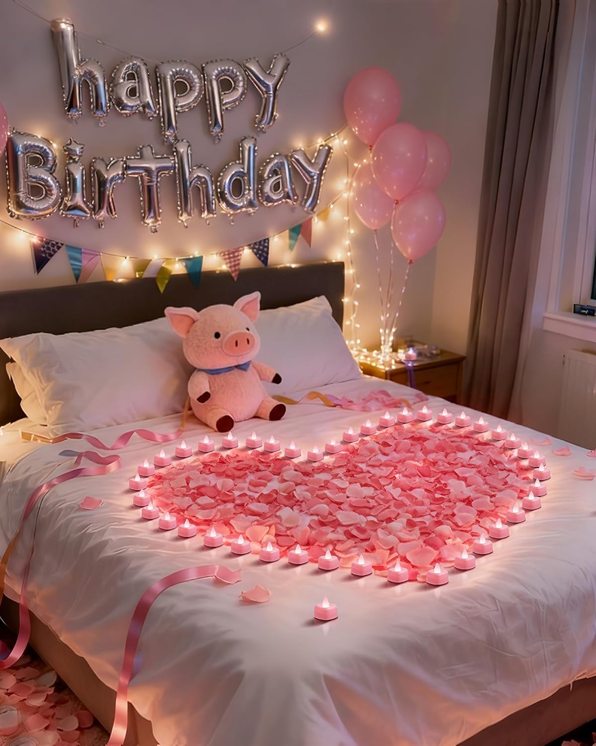 Amagic 2000 Pieces Pink Artificial Rose Petals with 24 Pink Heart LED Tea Lights, Rose Petals and Candles Set for Proposal, Anniversary, Romantic Night, Wedding Decor