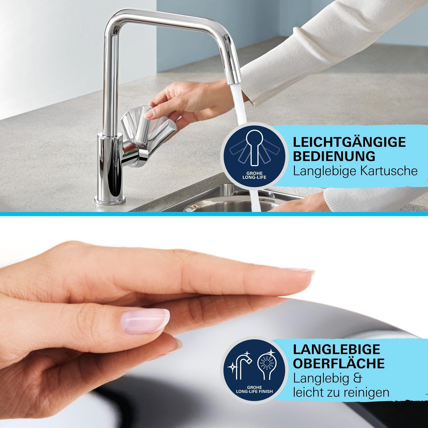GROHE StartEdge, Küchenarmatur mit hohem Auslauf (Wasserhahn für die Küche, 360° schwenkbar, Spültischarmatur mit Keramikkartusche und langlebiger Oberfläche, werkzeugfreie Montage), chrom, 30529001