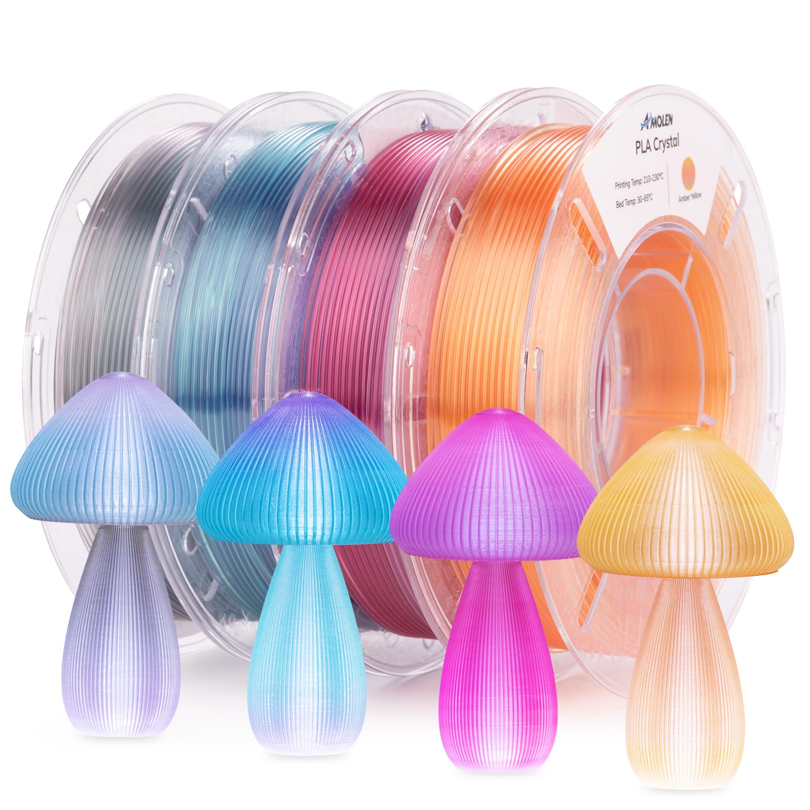 AMOLEN Transparent PLA Filament Bundle Multicolor, Translucent PLA 3D Printer Filament 1.75mm ±0.02mm, NO-Tangle &amp; Low Warping, Dimensional Accuracy +/- 0.02 mm, Fits Most FDM 3D Printers, 200x4 Pack