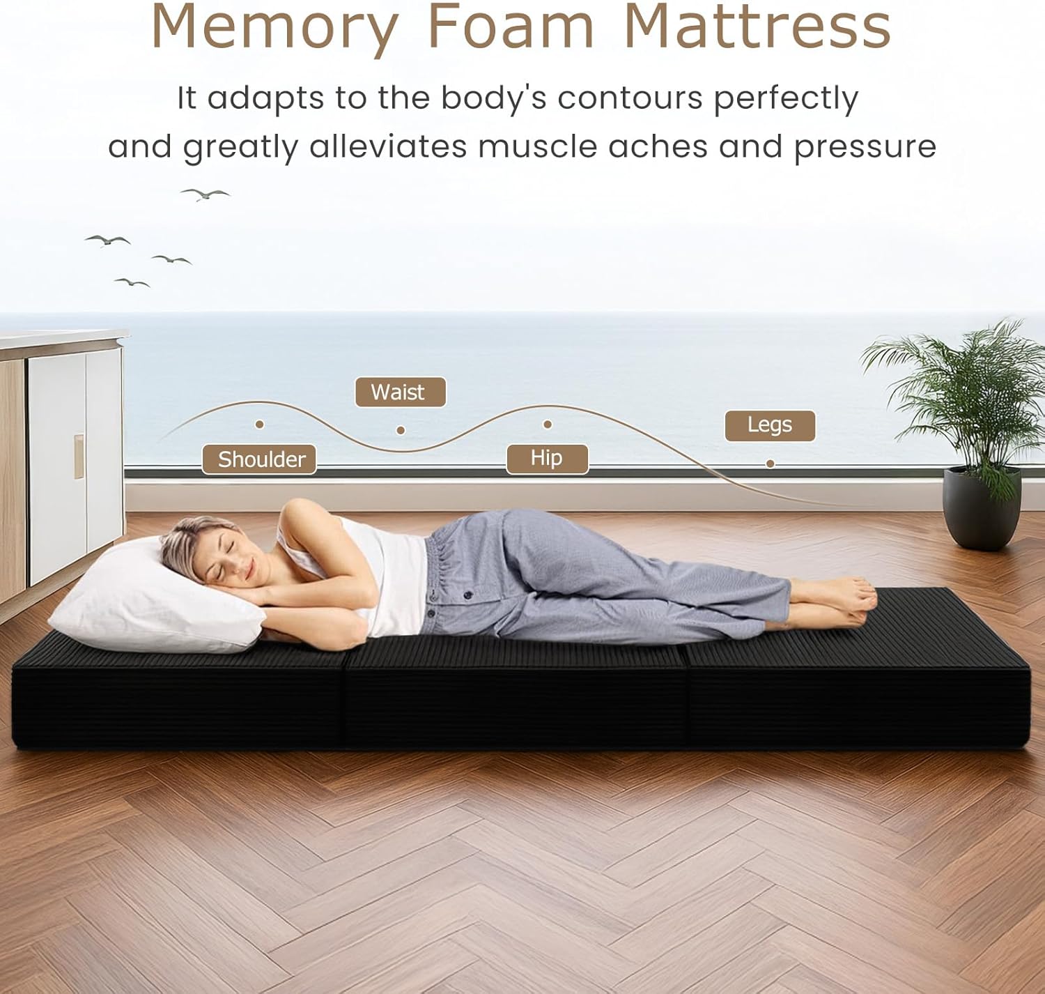 6-Inch Tri-Fold Mattress Twin Size - Foldable Futon Sofa Bed with Removable Washable Cover, Folding Memory Foam Futon Mattress | Non-Slip Bottom & Carry Handles for Guest, Camping, Dorm