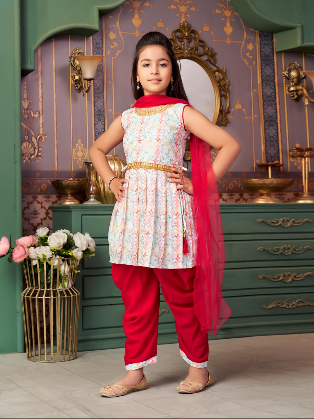 Aarika Girls Ethnic Wear Maroon-White Colour Sequin Embroidery Lace Work Polycrepe Kurti Patiala Set With Dupatta-3-13 Years (Pt-5010)