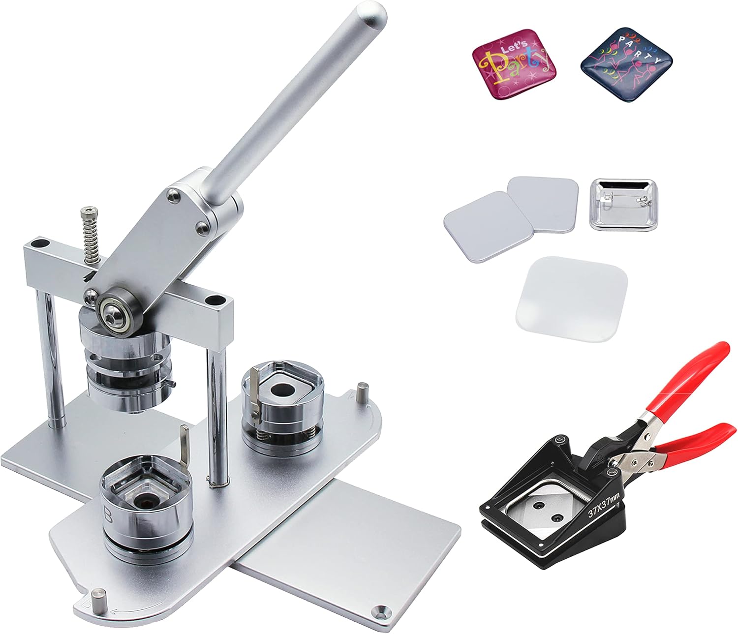 ChiButtons (KIT) 37mm Square (1.5X1.5) Pro Badge Machine Button Maker-B400 + Mould + 200 Parts + Handling Cutter Metric System (Black)