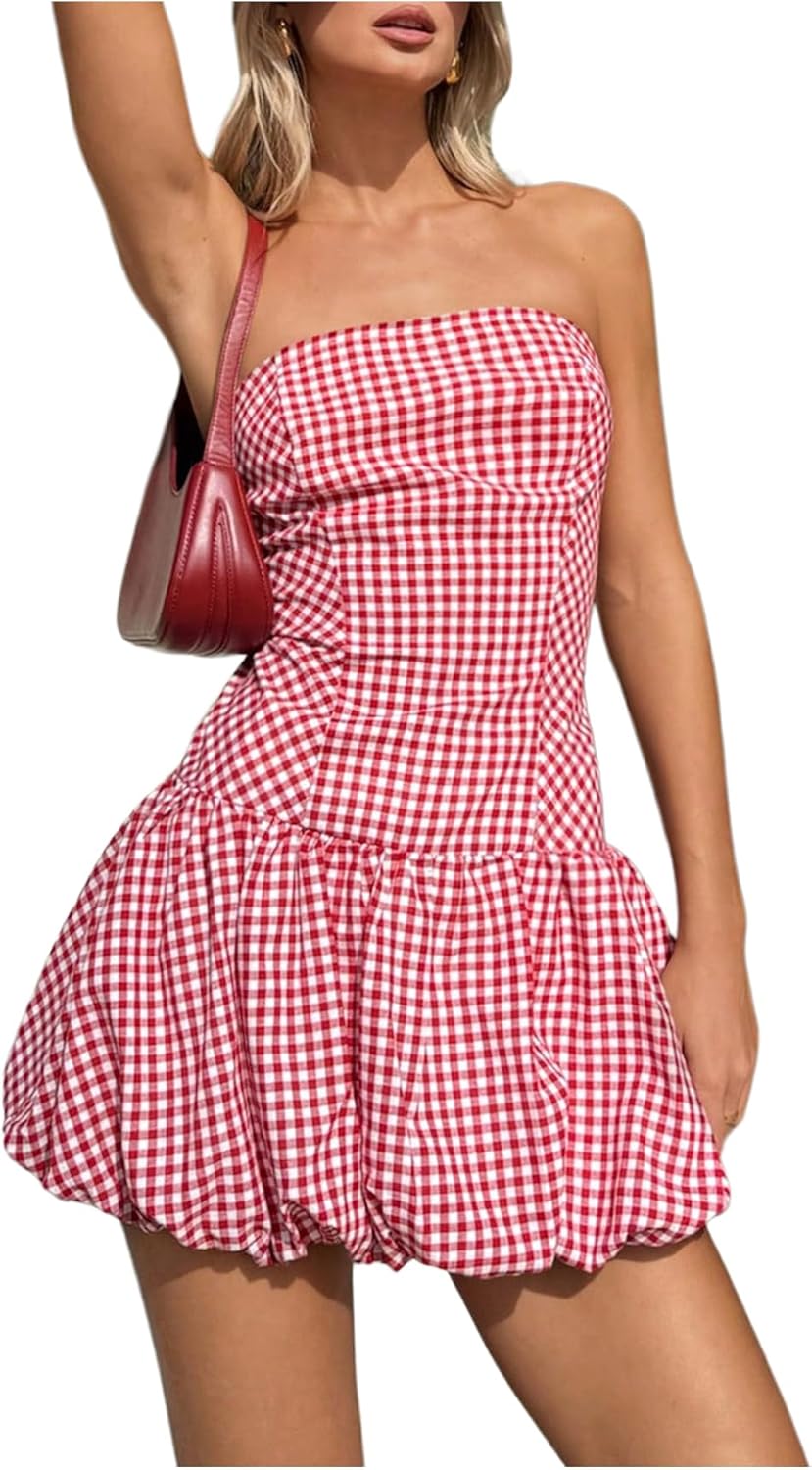 SweatyRocks Women's Plaid Strapless Bubble Dress Sleeveless Ruffle Mini Tube Dresses