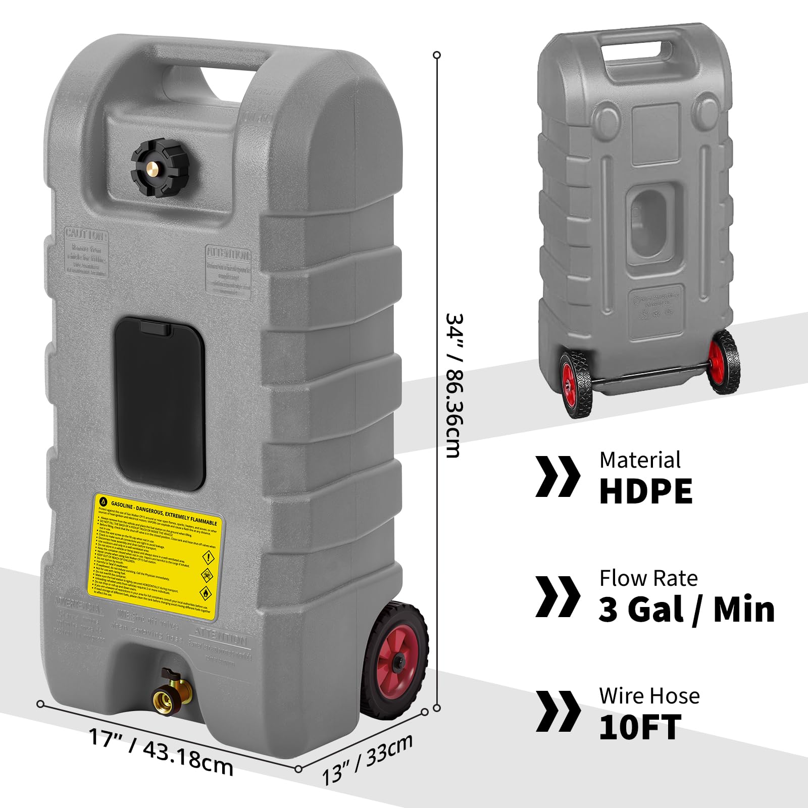 Bidón de gasolina portátil 57L de HDPE,Jerrican gasolina sobre ruedas con mango, bomba manual, manguera de 3 m y boquilla, caudal 7,5 l/min,tanque combustible portátil con válvula de cierre para