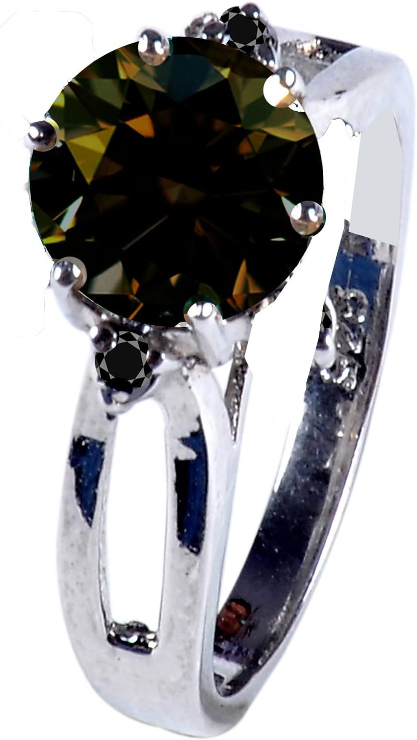 RINGJEWEL 1.72 ct SI1 Round Moissanite Solitaire Engagement Silver Plated Ring Brown Green Color Size 7